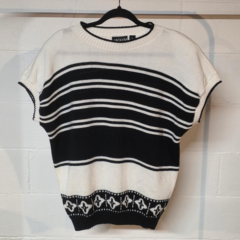 Vintage Jaclyn Sport Women L Black‎ White Stripe Knit Top Sleeveless Geometric
